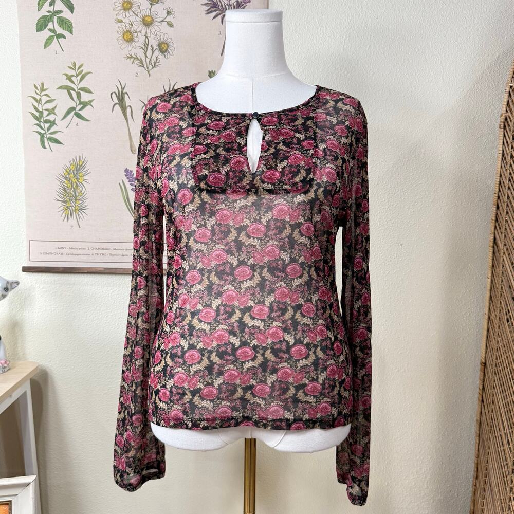 90s Y2k Sheer Floral Nylon Mesh Top Dark Fairy Grunge Romantic Goth Whimsigoth L